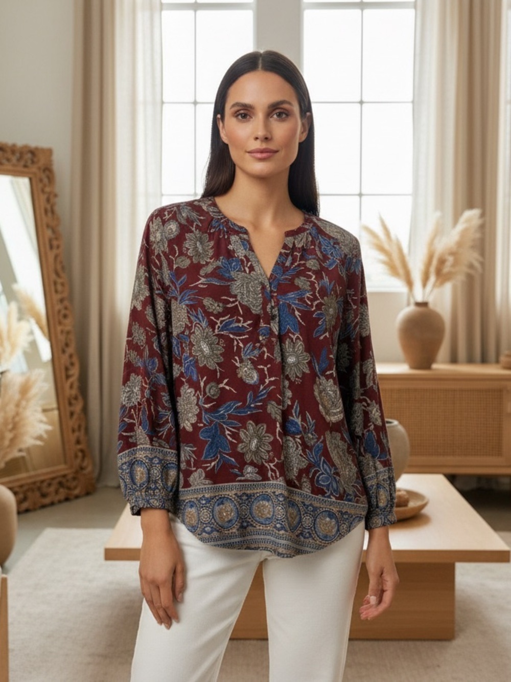 Lucky Brand Boho Inspired Burgundy and Blue Floral Tunic Blouse